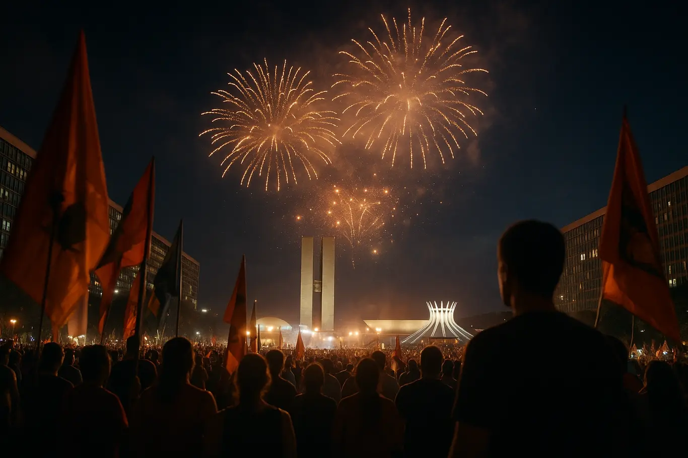 Vista ampla da Esplanada dos Ministérios com fogos e multidão vista de baixo