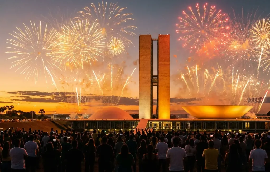 Congresso Nacional iluminado ao entardecer com fogos e multidão em silhueta