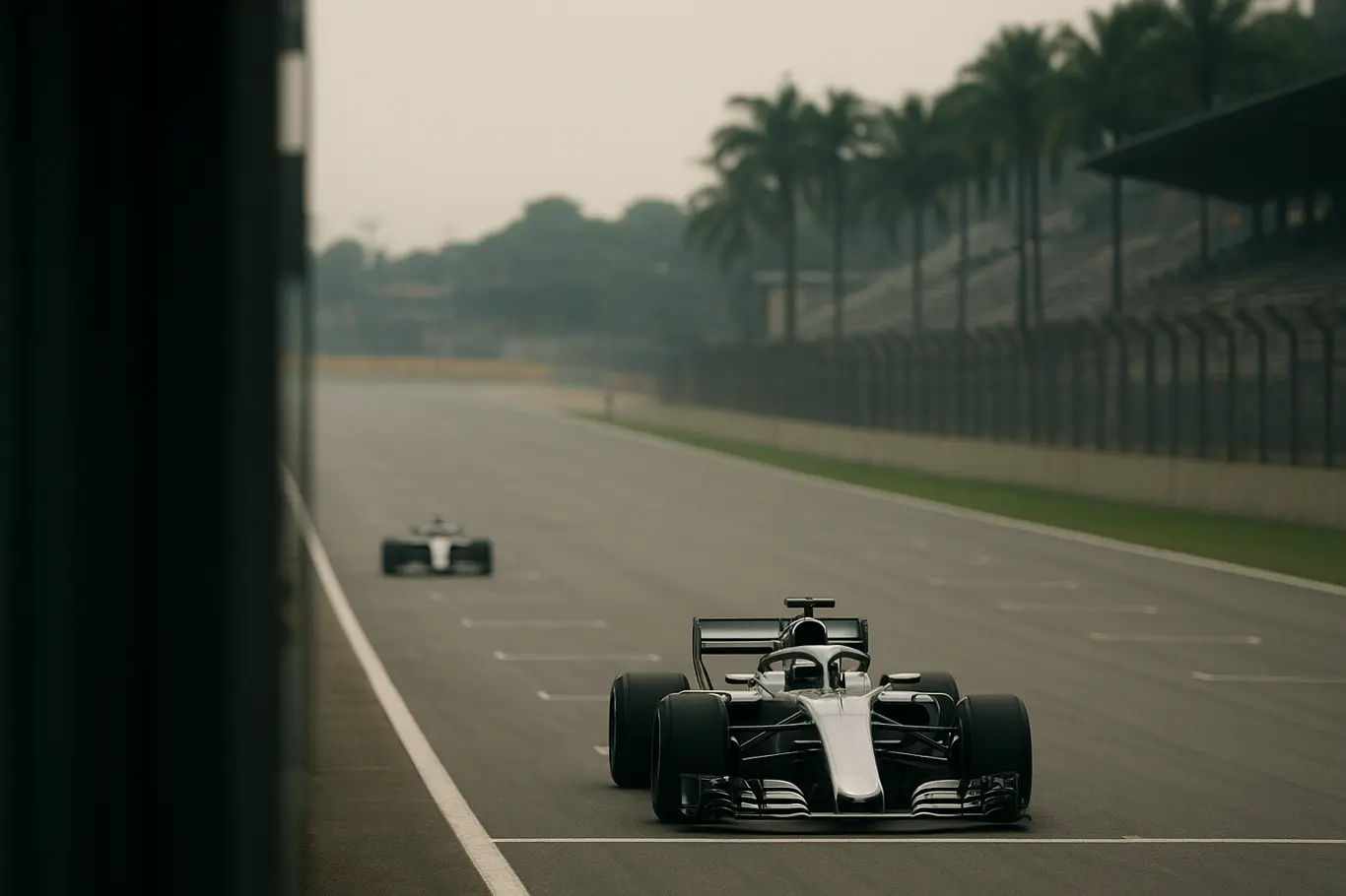 Visão ampla do grid do GP de Miami com carro em destaque na frente e outro monoposto isolado ao fundo