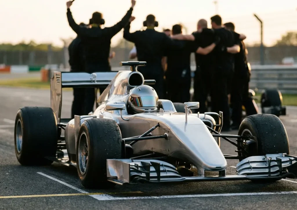 Carro prateado de corrida de Antonelli no grid em plano médio com equipe celebrando ao fundo