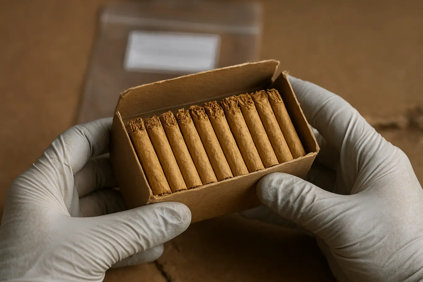 Detalhe de mãos com luvas segurando cigarros de palha dentro de caixa apreendida, saco de evidência ao fundo