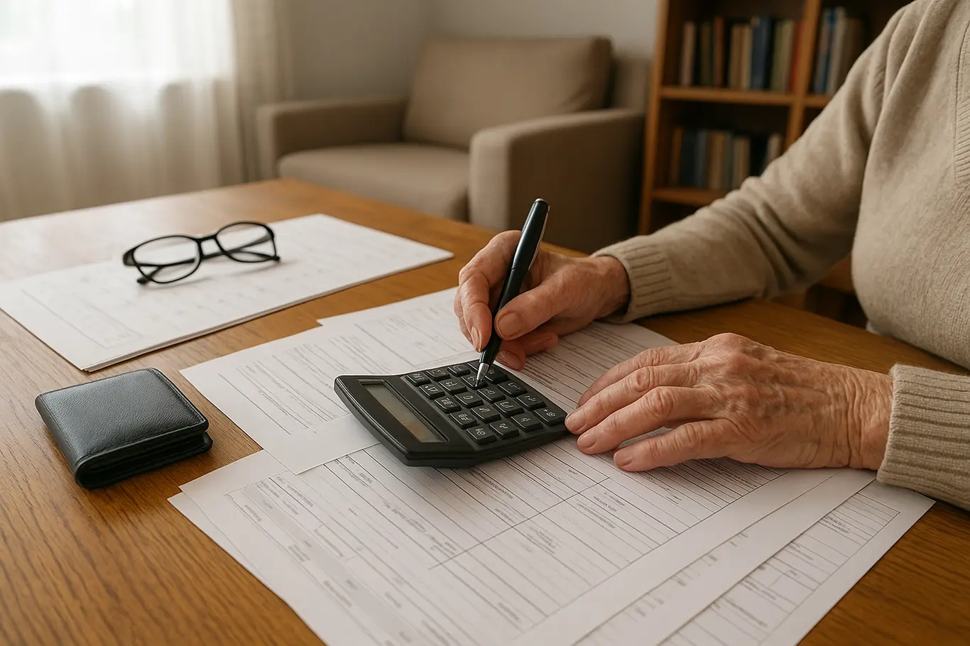 Mãos de pessoa idosa calculando documentos em mesa com calendário e óculos