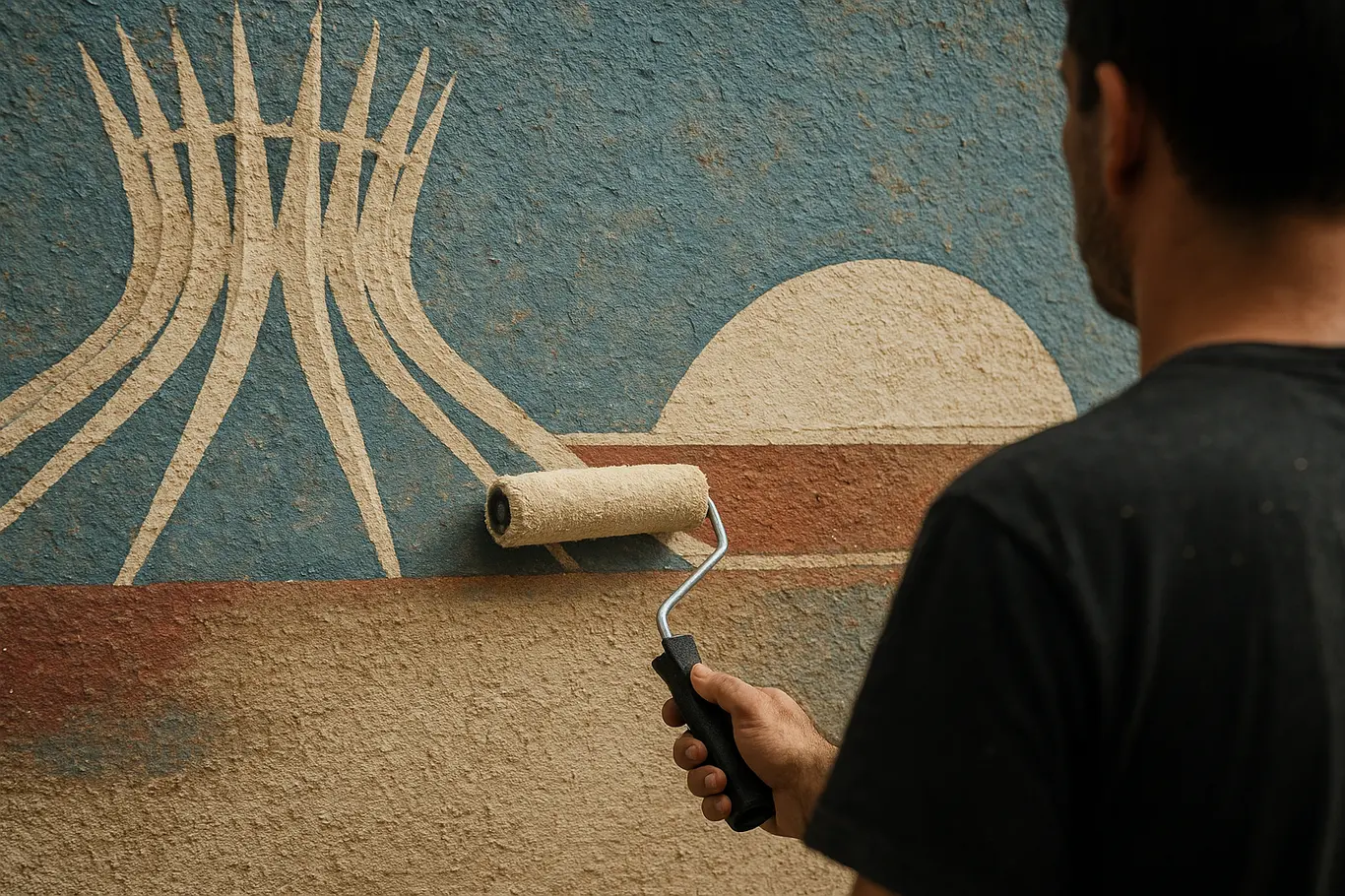 Detalhe do mural com pinceladas e texturas representando monumentos de Brasília