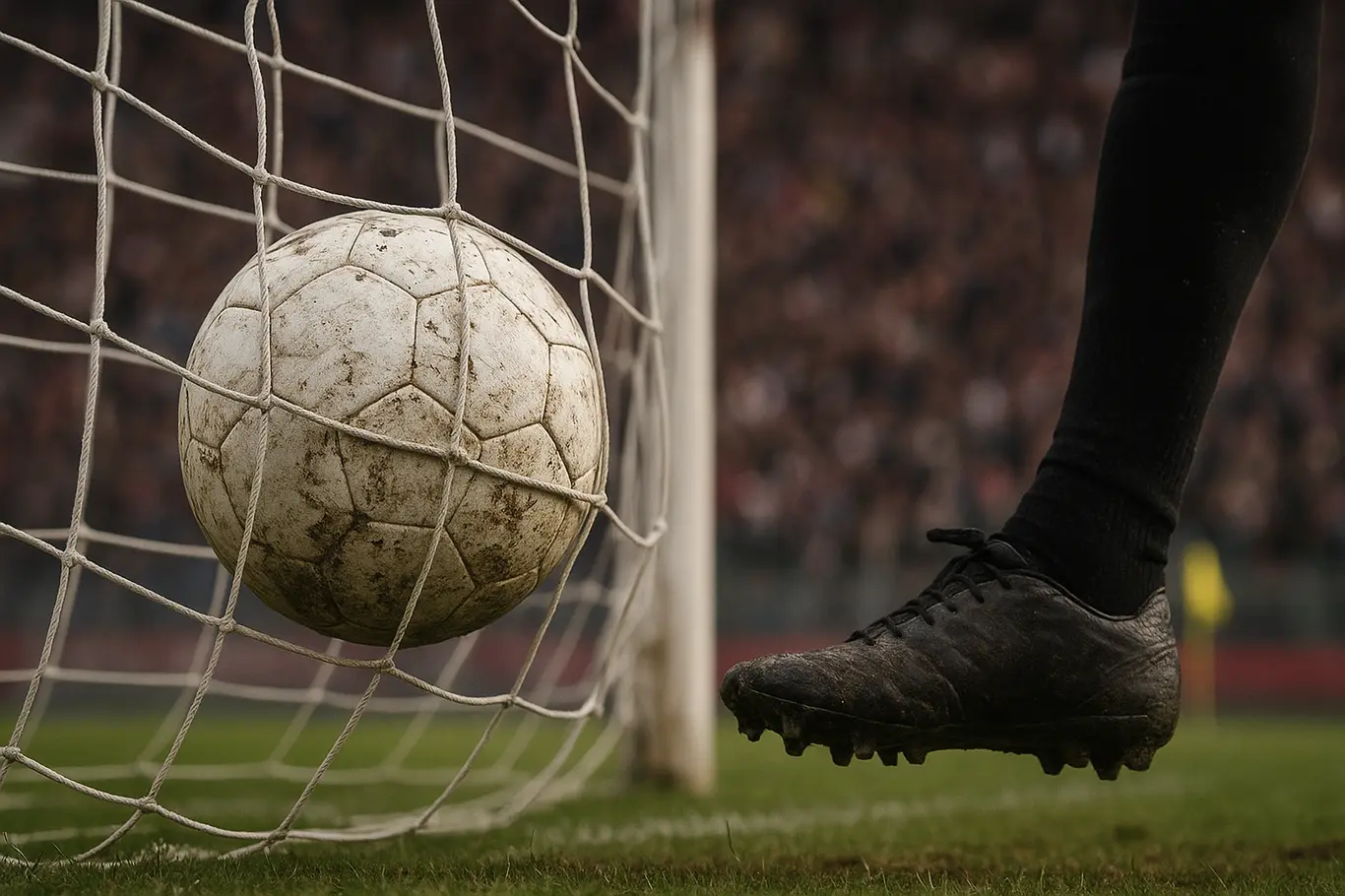 Close na bola presa na rede após o gol, com grama e bota de jogador ao lado