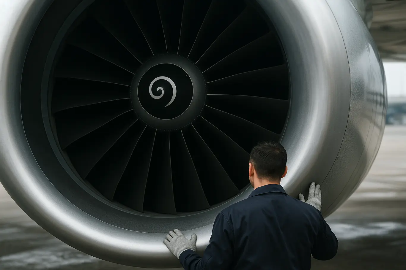Detalhe do motor e nacela do A330neo com técnico de manutenção de costas, foco nas chevrons e acabamento metálico.