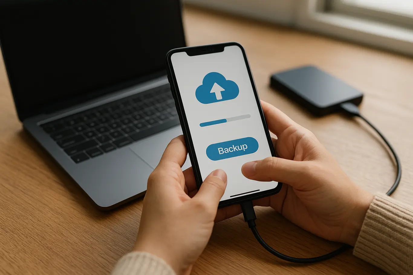 Mesa com smartphone conectado a laptop e disco rígido para backup