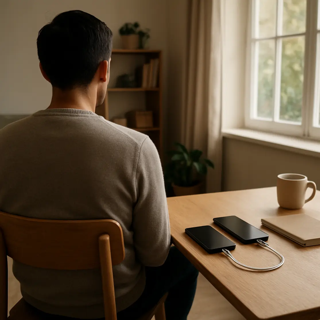 Pessoa de costas em sala com smartphones e cabo de backup na mesa