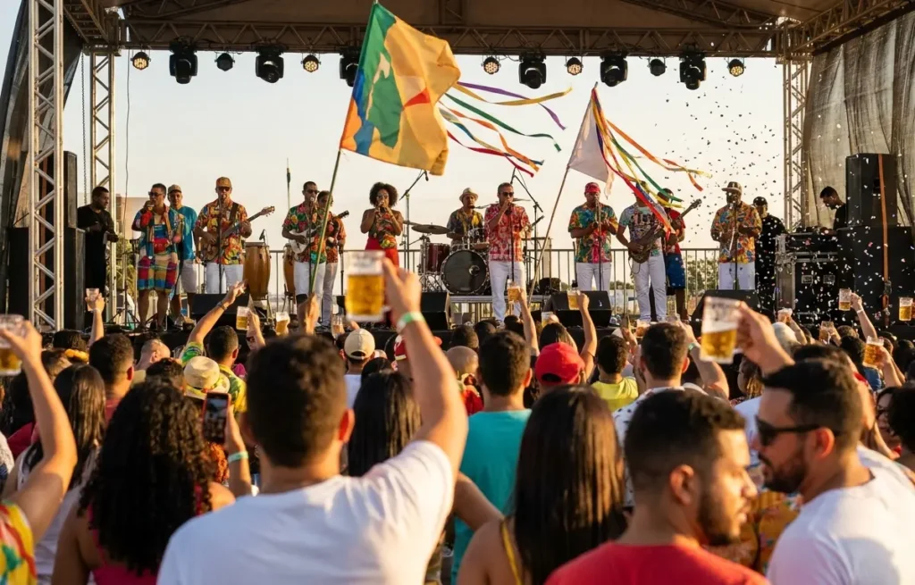 Multidão vista de costas com copos de chopp erguidos diante de palco com banda de axé e fitas coloridas