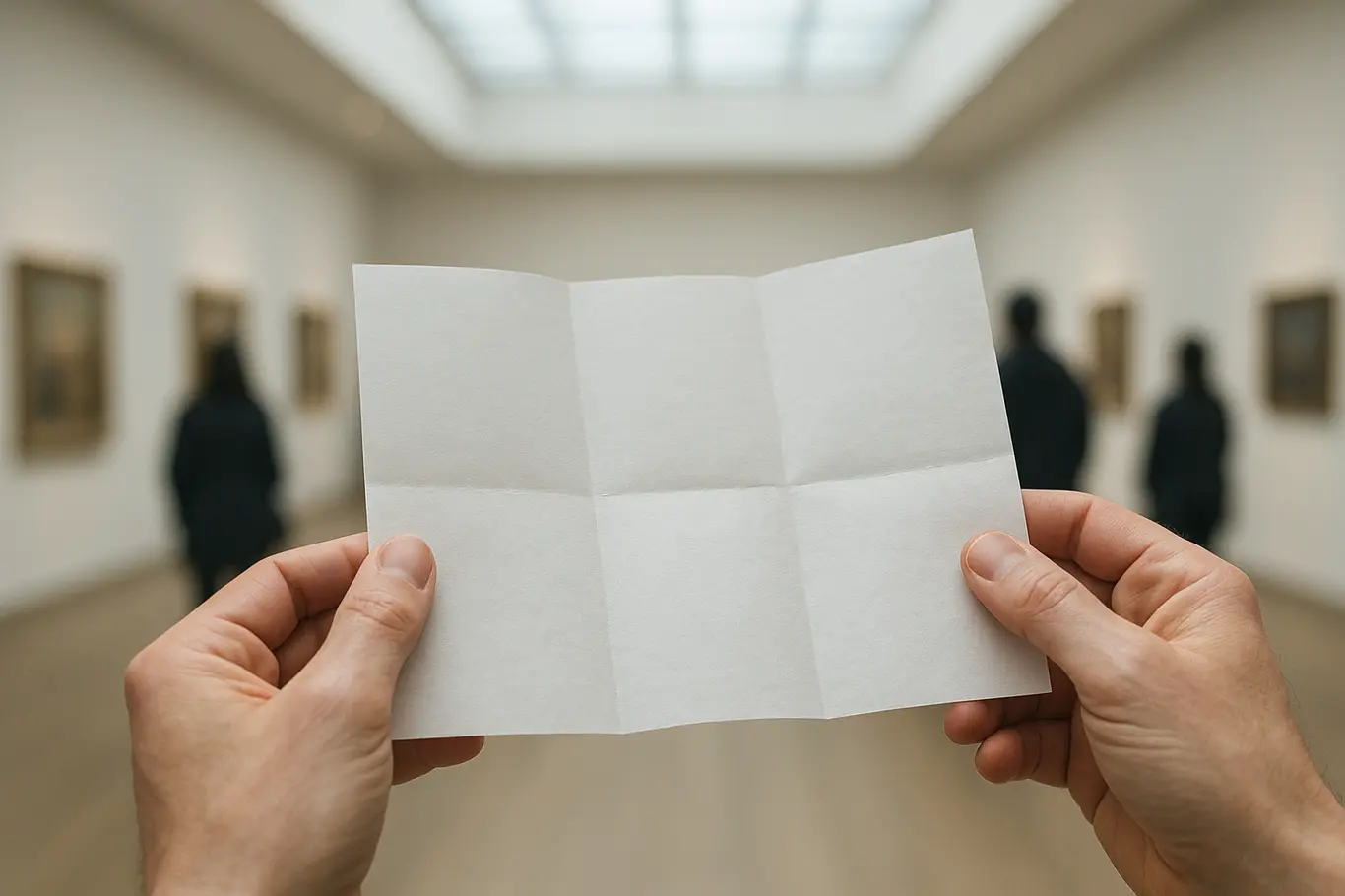Close nas mãos de um visitante segurando um folheto dentro da galeria, obras desfocadas ao fundo