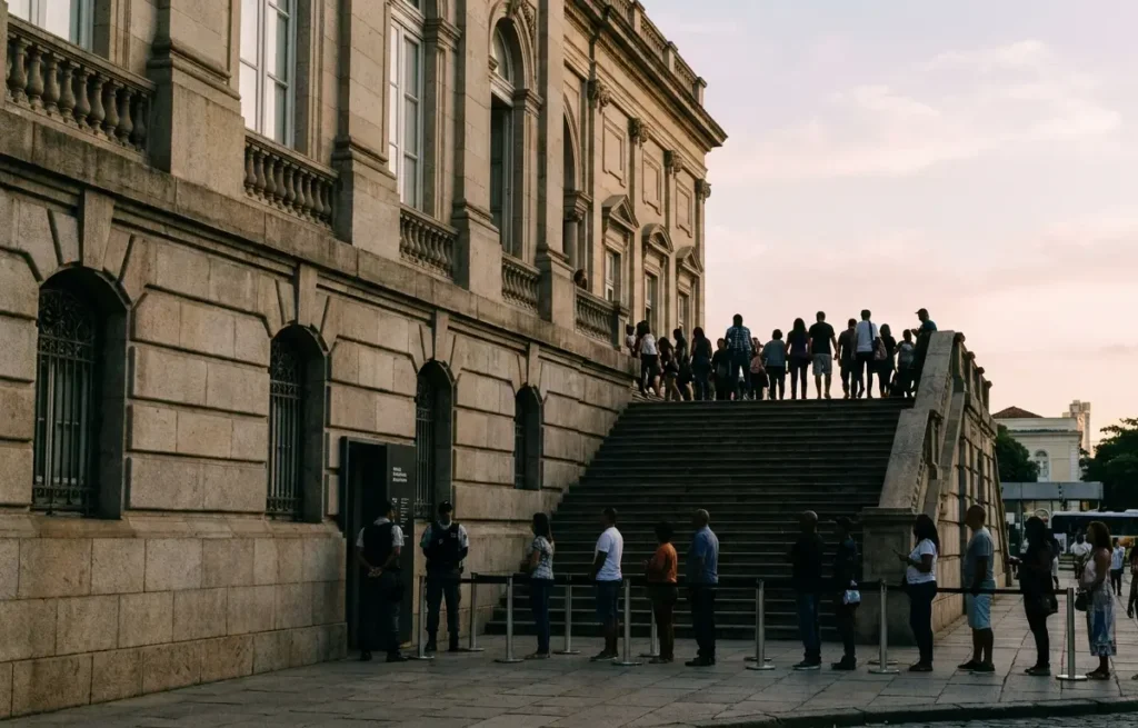 Visitantes subindo as escadarias do Museu Nacional vistos de costas durante a Bienal