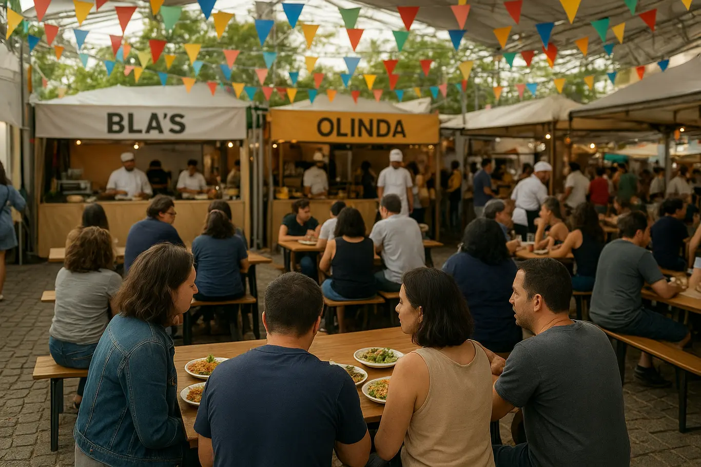 Visão ampla do espaço do Festival Brasil Sabor com mesas e pratos autorais, público de costas e chefs ao fundo.