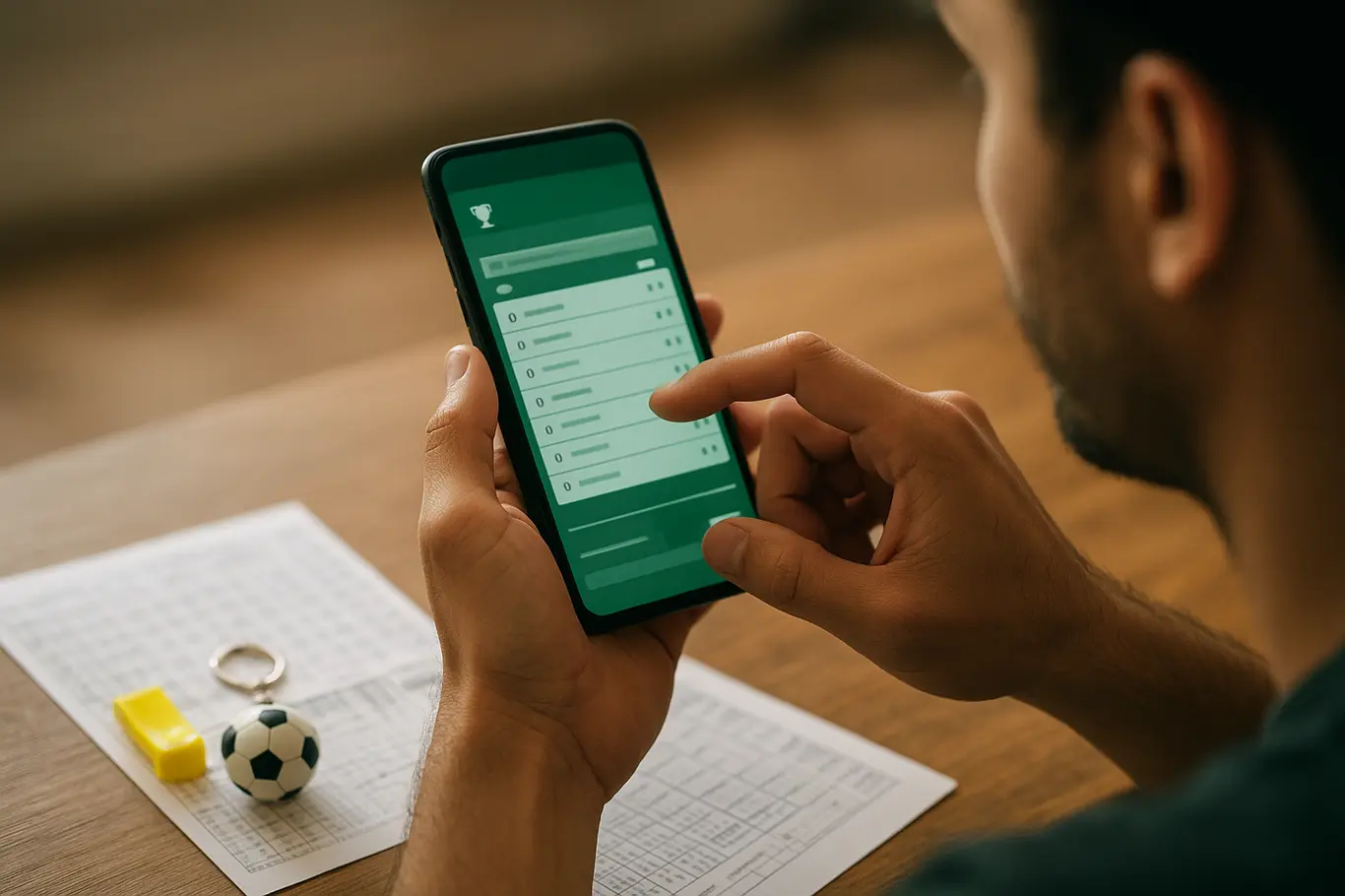 Close-up de mãos segurando smartphone com interface genérica do bolão e cupons na mesa