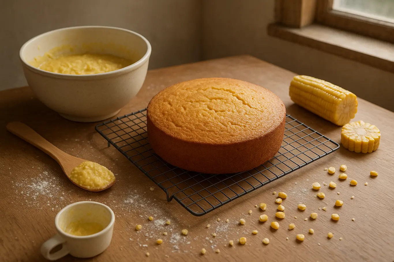 Cena de preparo do bolo de milho com bolo na grade de resfriamento, tigela com massa e espátula sobre bancada.