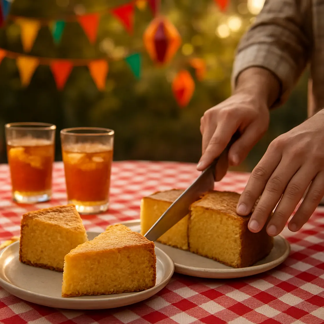 Mesa de festa junina com fatias de bolo de milho em prato, toalha xadrez e bandeirolas ao fundo.