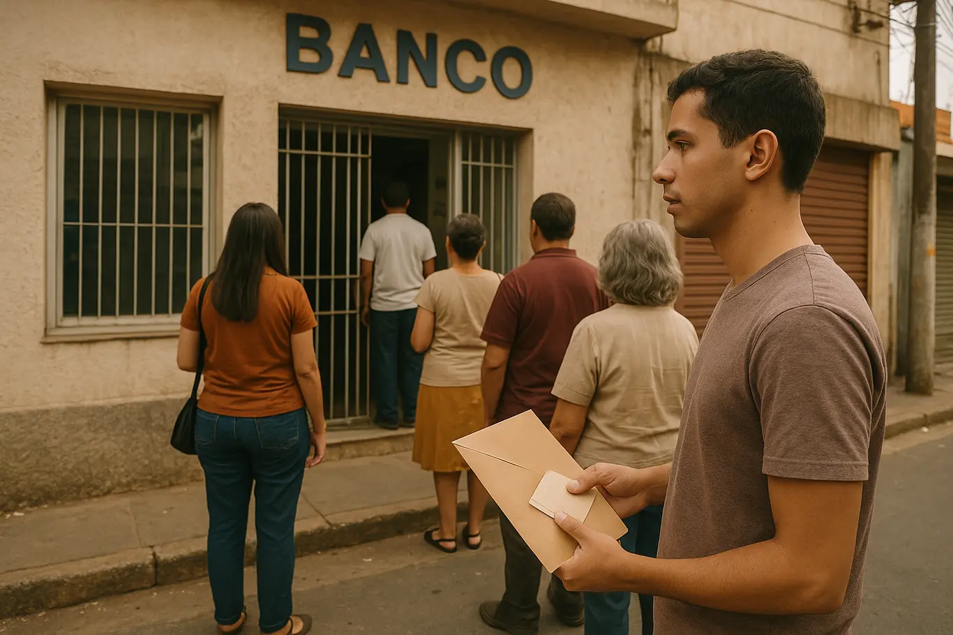 Fila de beneficiários em frente a agência, pessoa de perfil com envelope