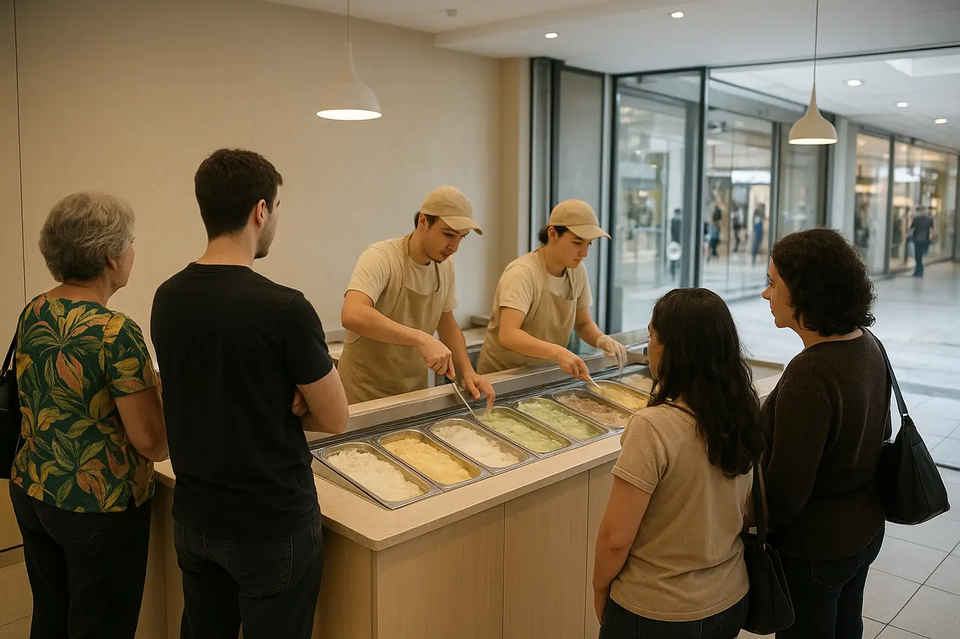 Fila de clientes e balcão com tigelas de gelato no interior da nova sorveteria, rostos não identificáveis