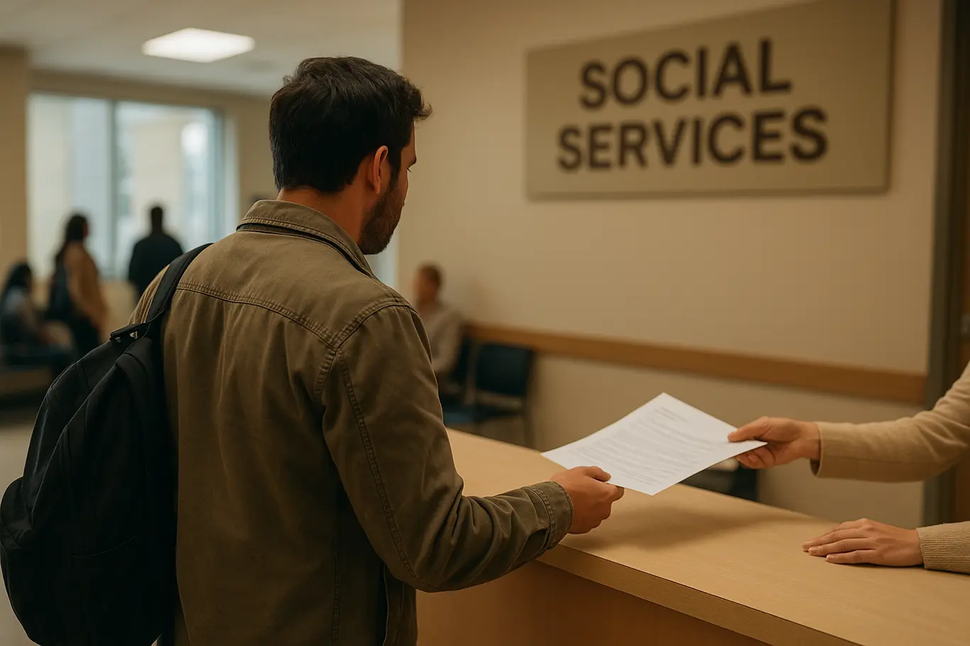 Recepção de posto social com beneficiário aproximando-se do balcão