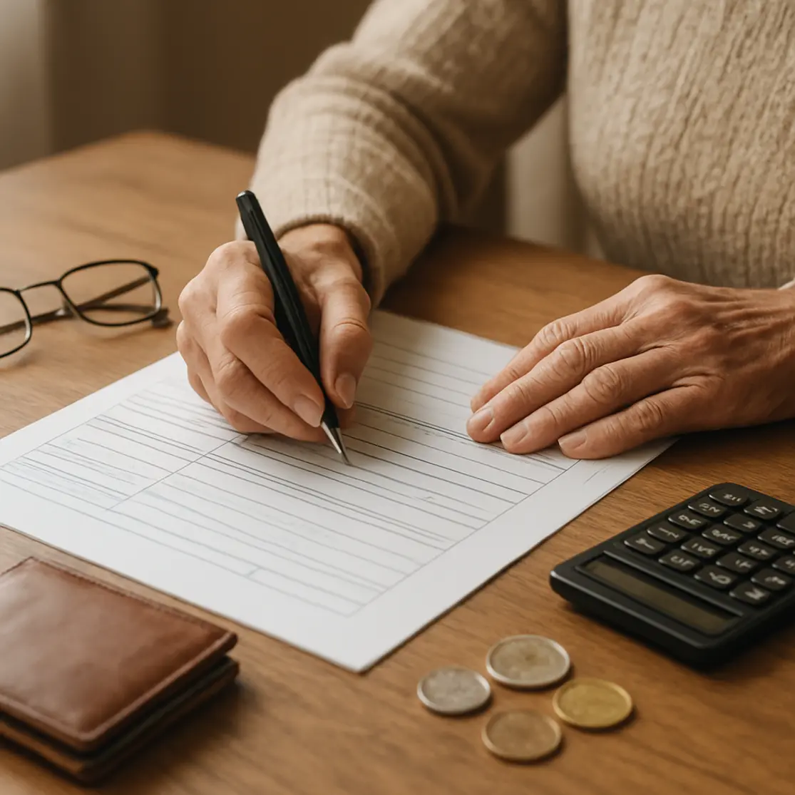Mãos preenchendo formulário sobre mesa com óculos e calculadora