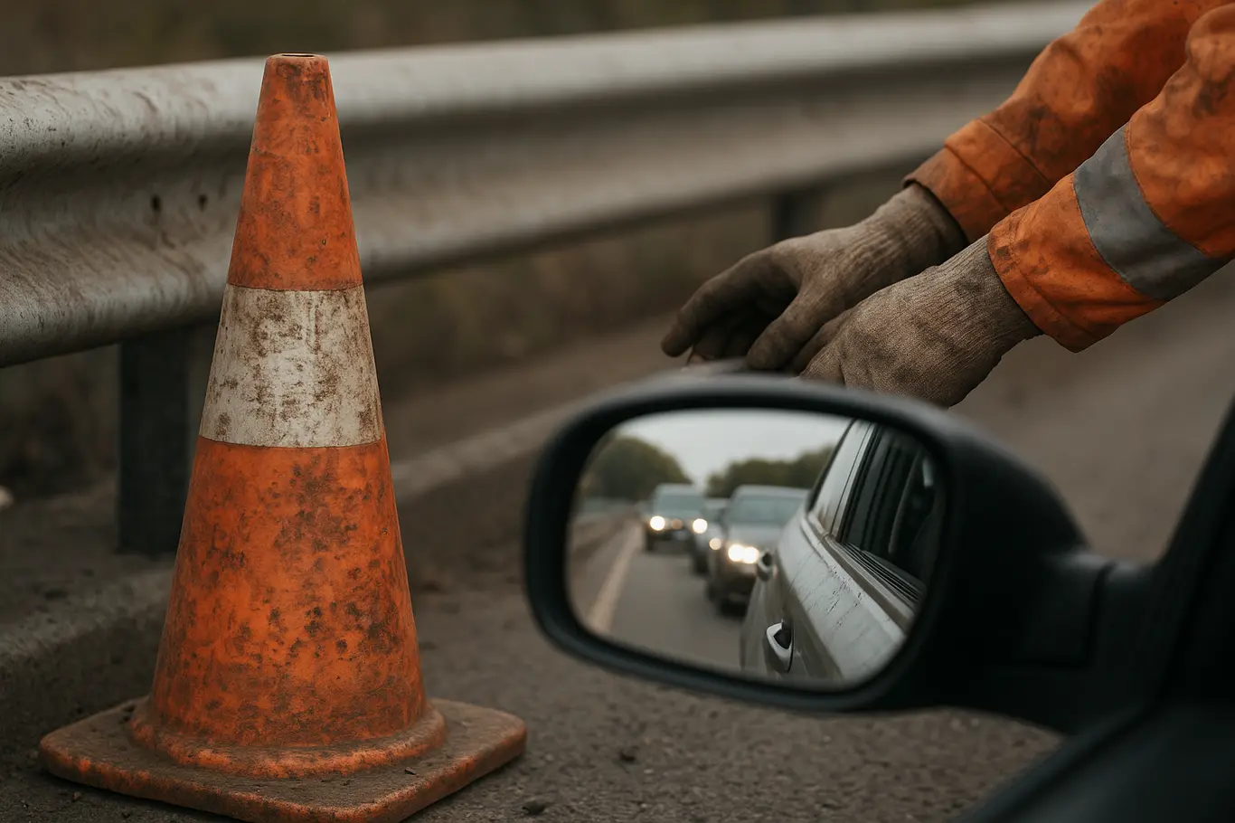 Detalhe de cones, retrovisor e mãos de trabalhador na obra da BR-080
