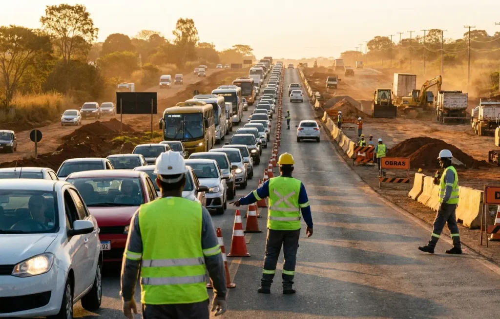 Trânsito em pista única na BR-080 com fila de veículos e obras