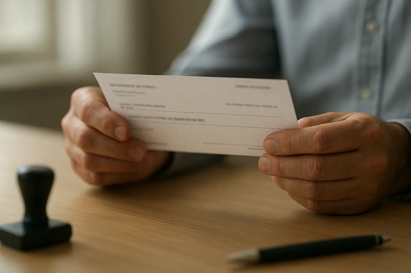 Close-up das mãos de servidor segurando contracheque com texto desfocado