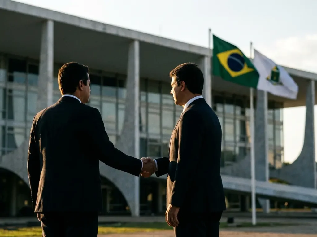 Aperto de mãos entre representantes públicos em frente a prédio governamental com bandeiras do Brasil e do Distrito Federal
