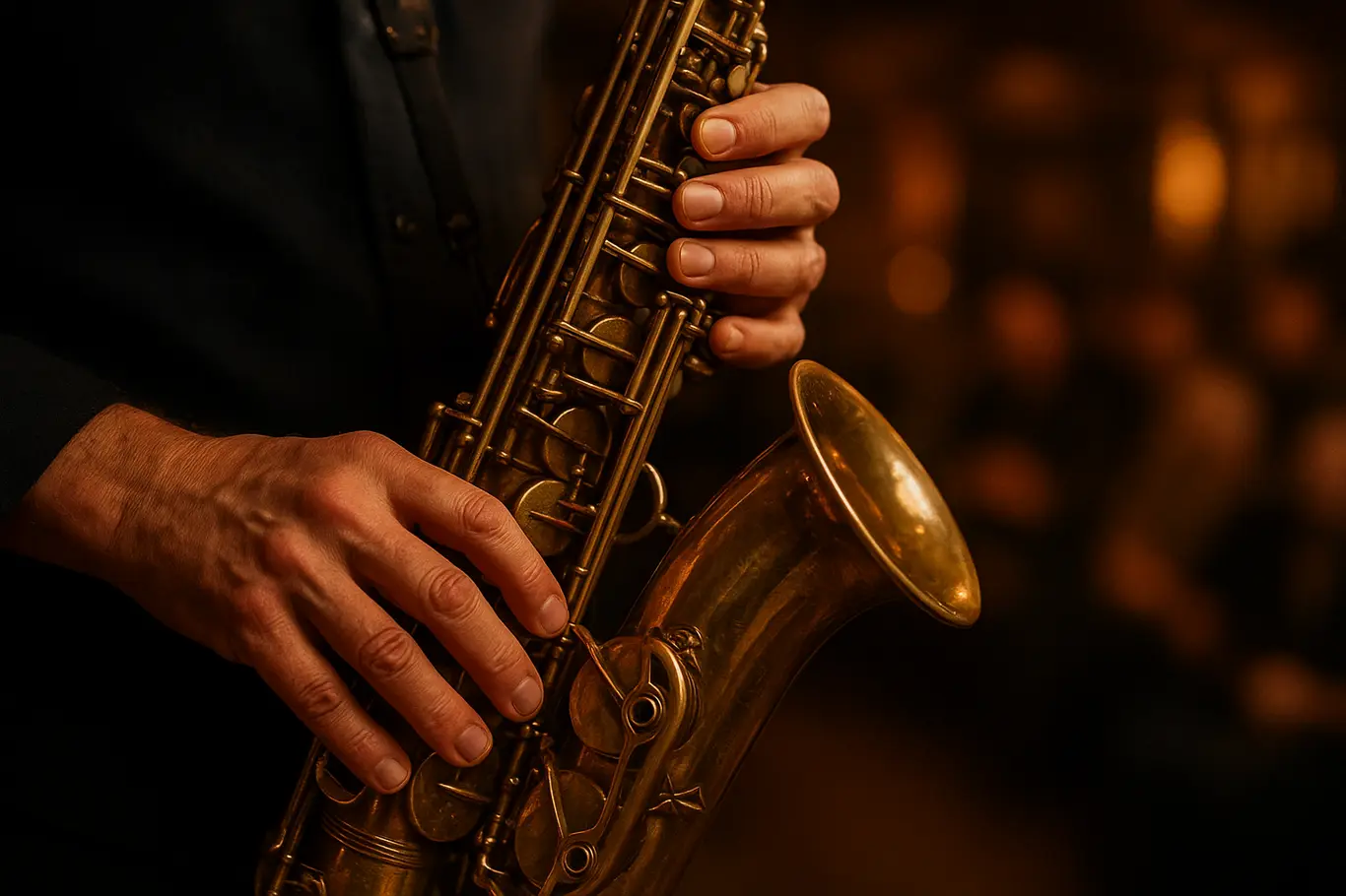 Close-up das mãos de um saxofonista tocando no Buraco do Jazz, com as chaves em foco