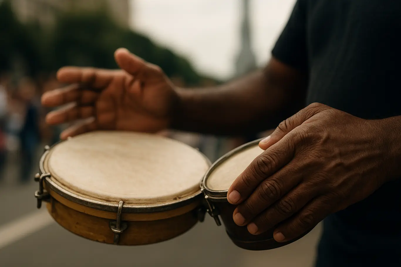 Close nas mãos de um percussionista tocando pandeiro durante o evento Café com Samba na Torre de TV.