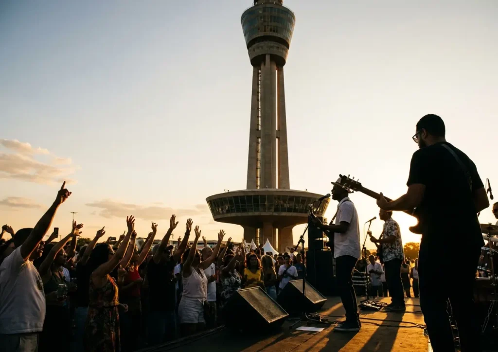 Vista ampla da Torre de TV ao fundo e palco do Café com Samba com músicos de perfil e público levantando as mãos durante a 100ª edição.
