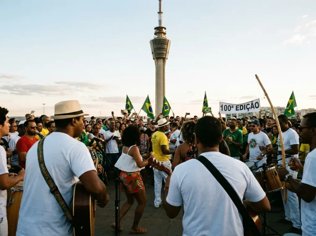 Roda de samba na plataforma da Torre de TV, músicos vistos de perfil