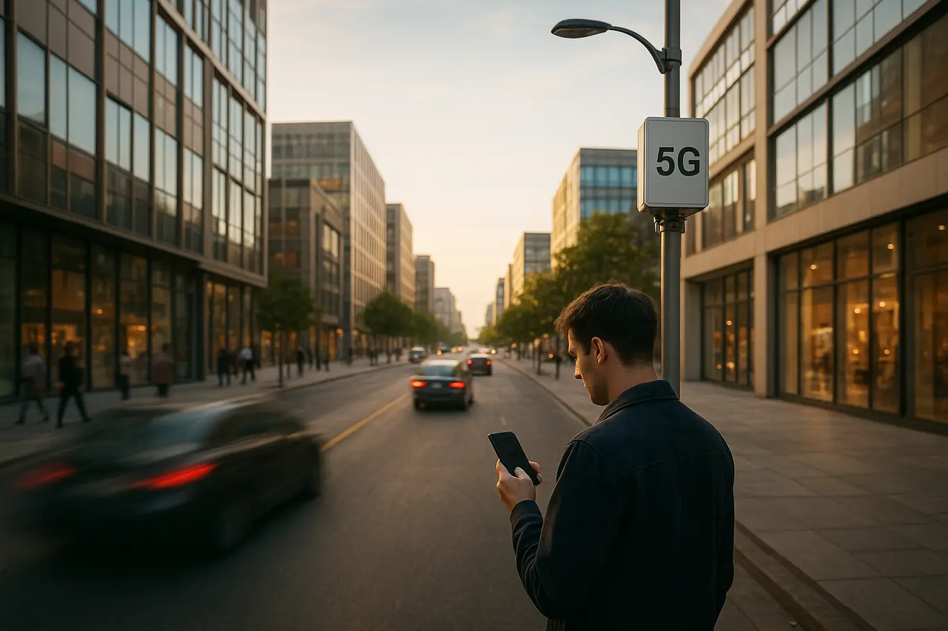 Cena urbana ampla com equipamento 5G em poste e pessoa de costas olhando o celular