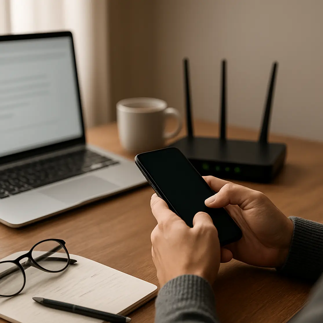 Mesa de home office com roteador e mãos em 3/4 segurando celular, laptop ao fundo desfocado