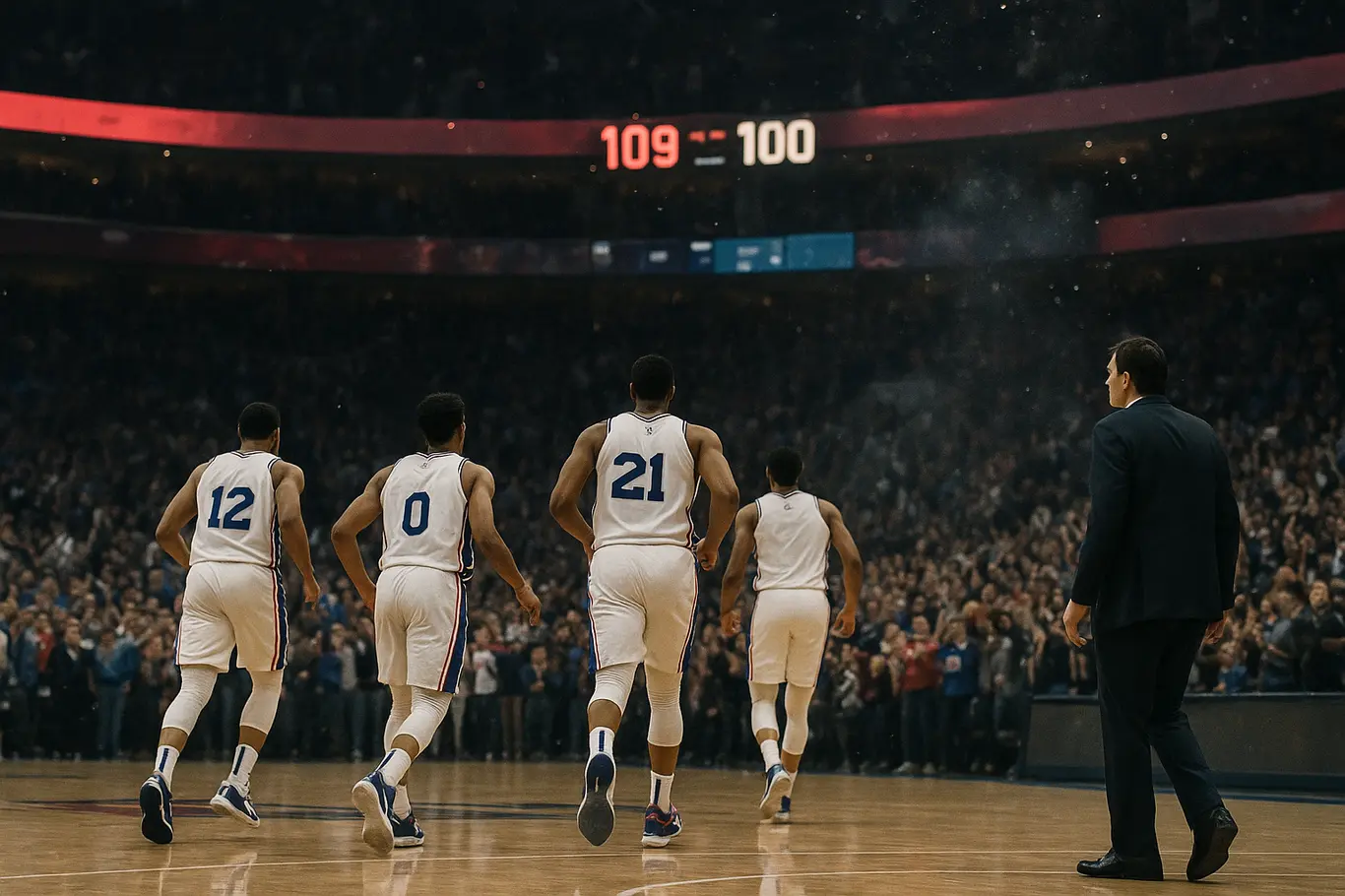 Comemoração no banco do Philadelphia vista de costas, torcida em pé e placar 109–100 ao fundo