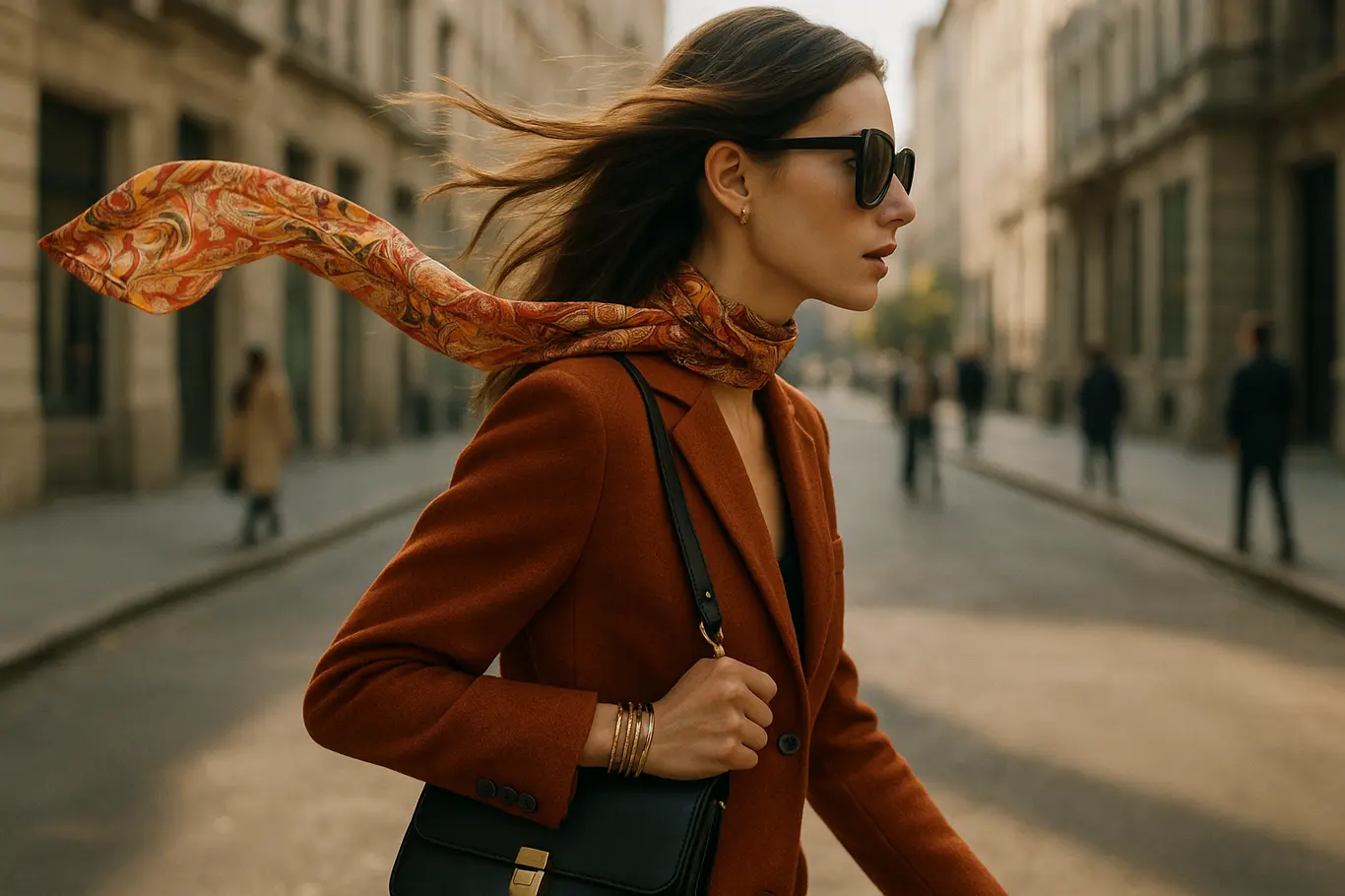 Cena de rua com mulher de lado mostrando lenço, óculos e bolsa em movimento