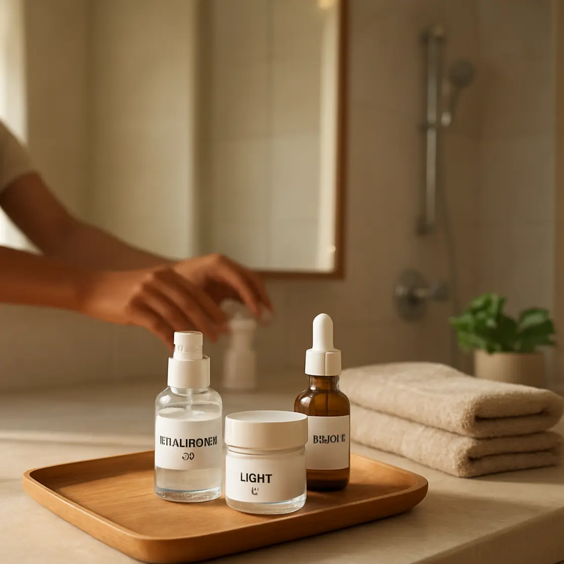Bancada com frascos e potes de skincare representando diferentes rotinas, mãos de tons diversos ao fundo
