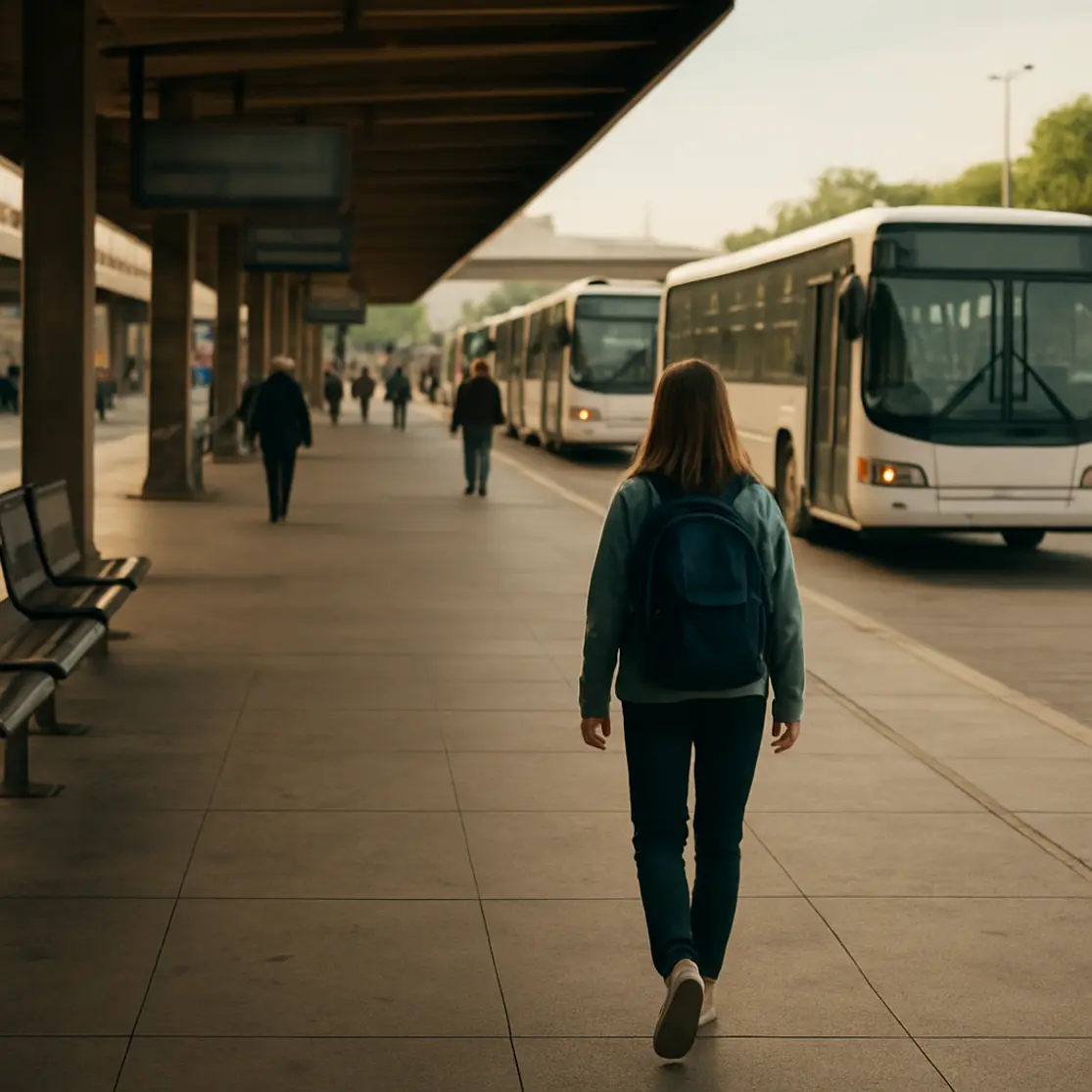 Visão ampla da rodoviária com ônibus estacionados e adolescente de costas caminhando entre os passageiros