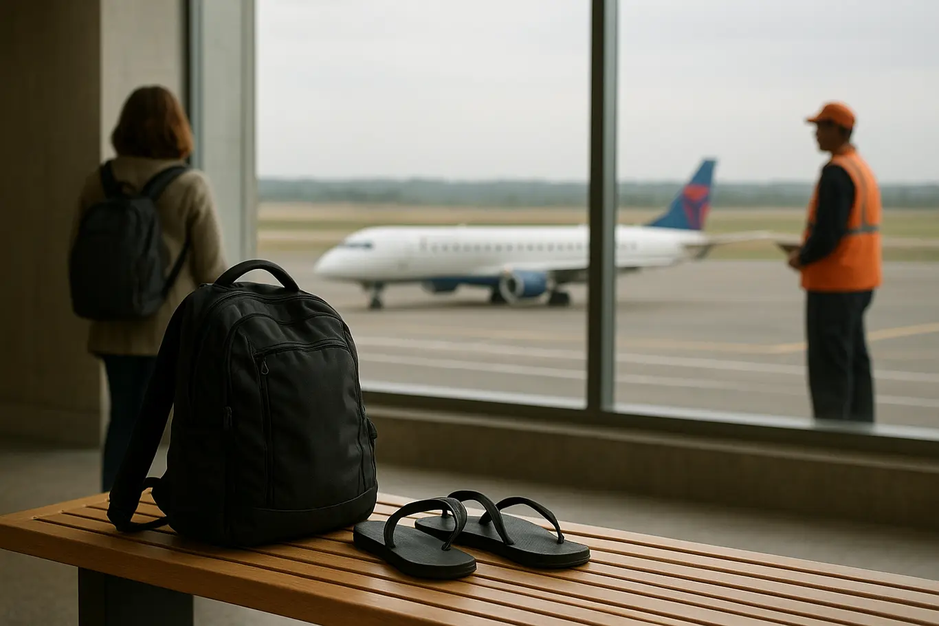 Interior do terminal ampliado com mochilas e chinelos sobre banco, janela com avião taxiando ao fundo