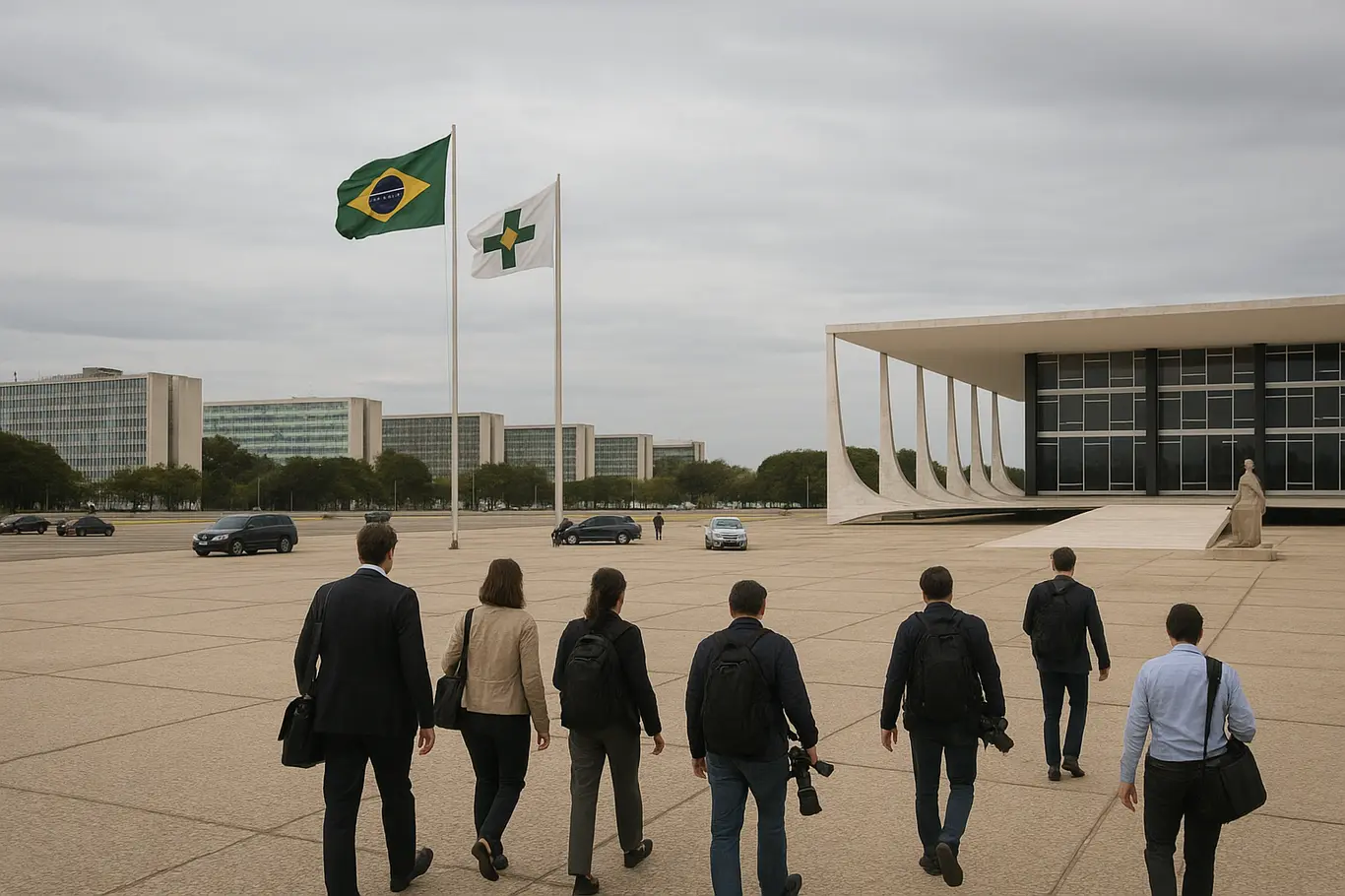 Esplanada dos Ministérios com fachada do STF e movimentação de assessores e repórteres de costas
