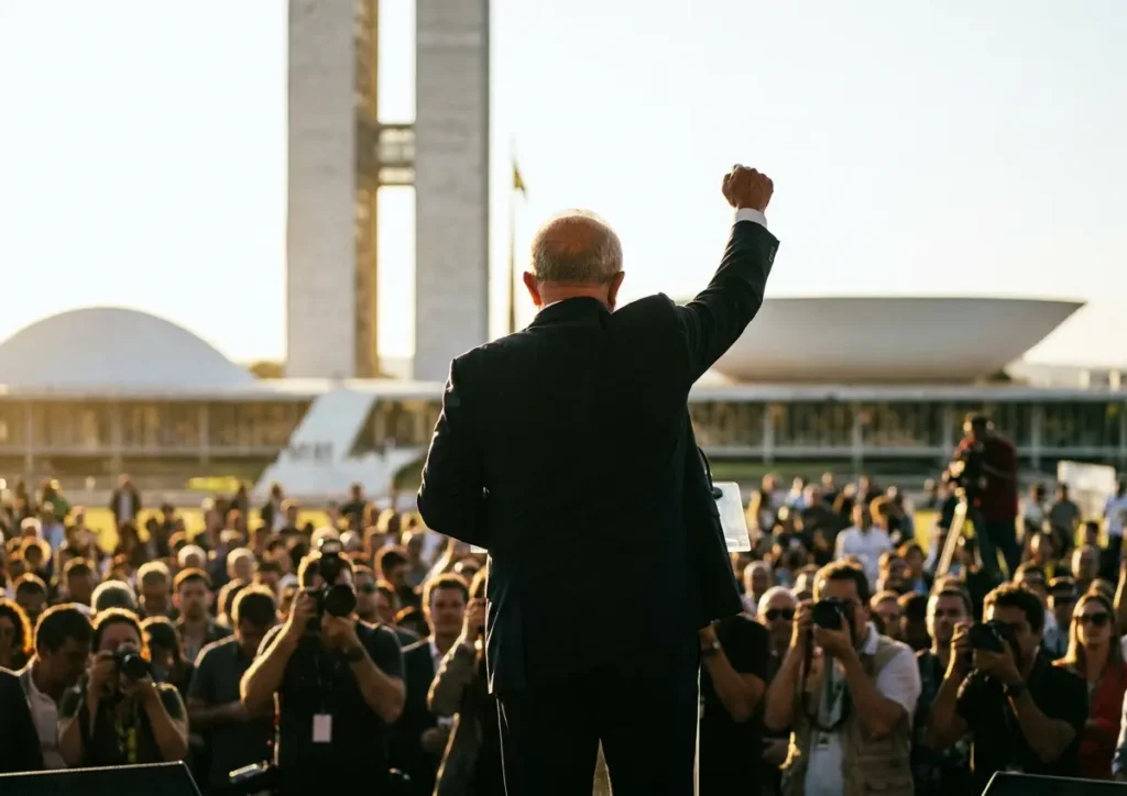 Político de costas em palanque na Esplanada, gesto enfático, multidão desfocada