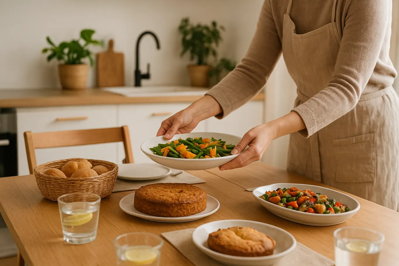 Cozinha integrada de apartamento pequeno com anfitriã colocando travessa na mesa posta, foco nas mãos e alimentos