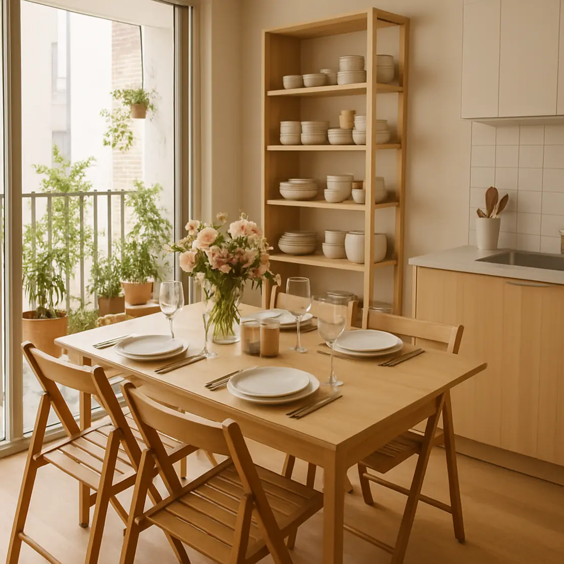 Visão ampla do apartamento pequeno com mesa posta, varanda com plantas e soluções de organização para almoço do Dia das Mães
