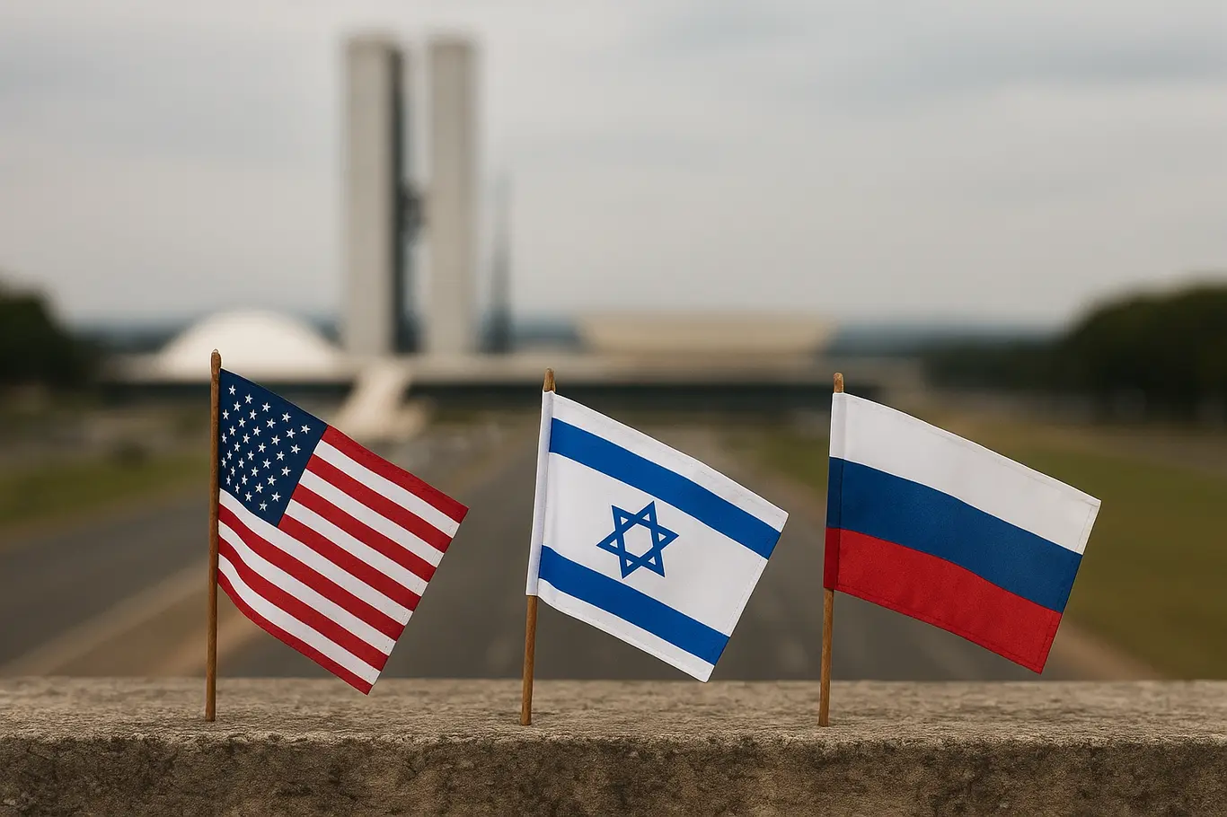 Close de três bandeiras (EUA, Israel, Rússia) em primeiro plano com o Congresso Nacional desfocado ao fundo.