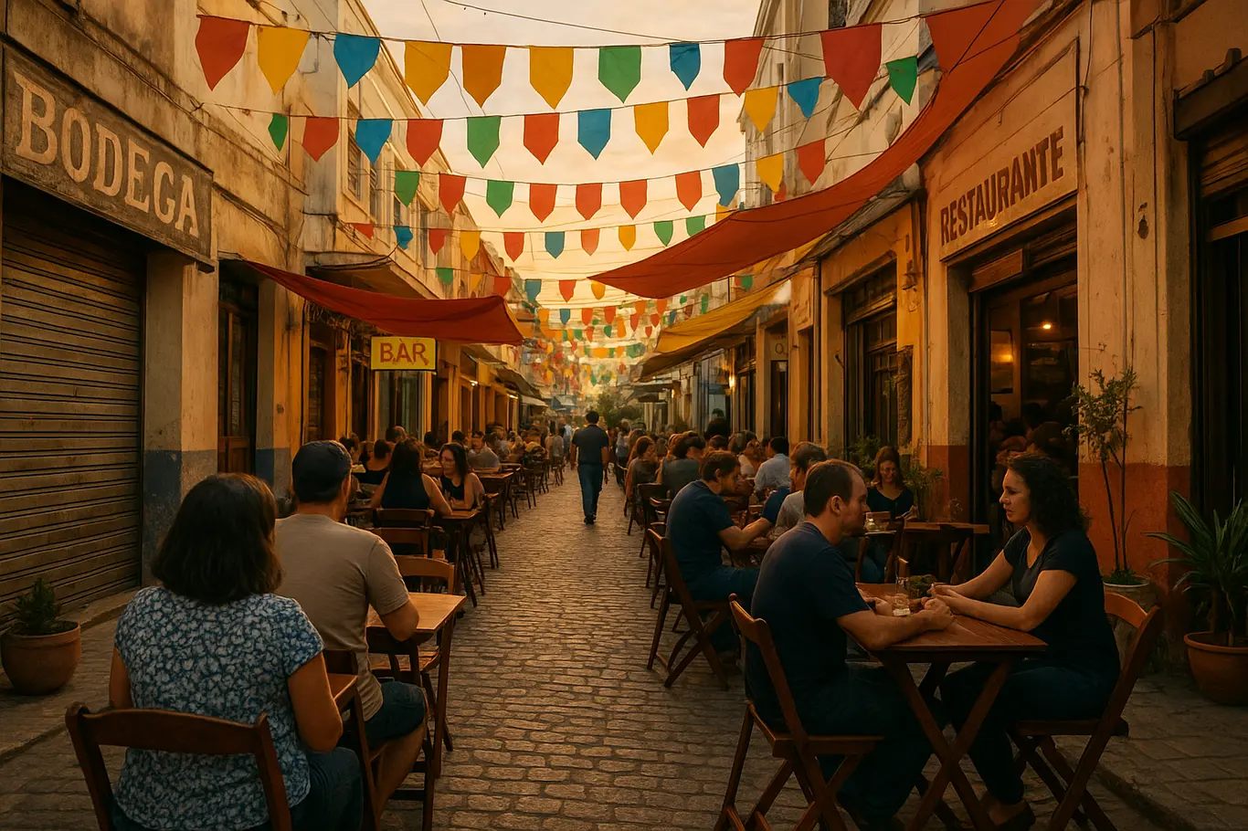 Rua gastronômica de Anápolis ao entardecer com mesas ao ar livre e pessoas em perfil