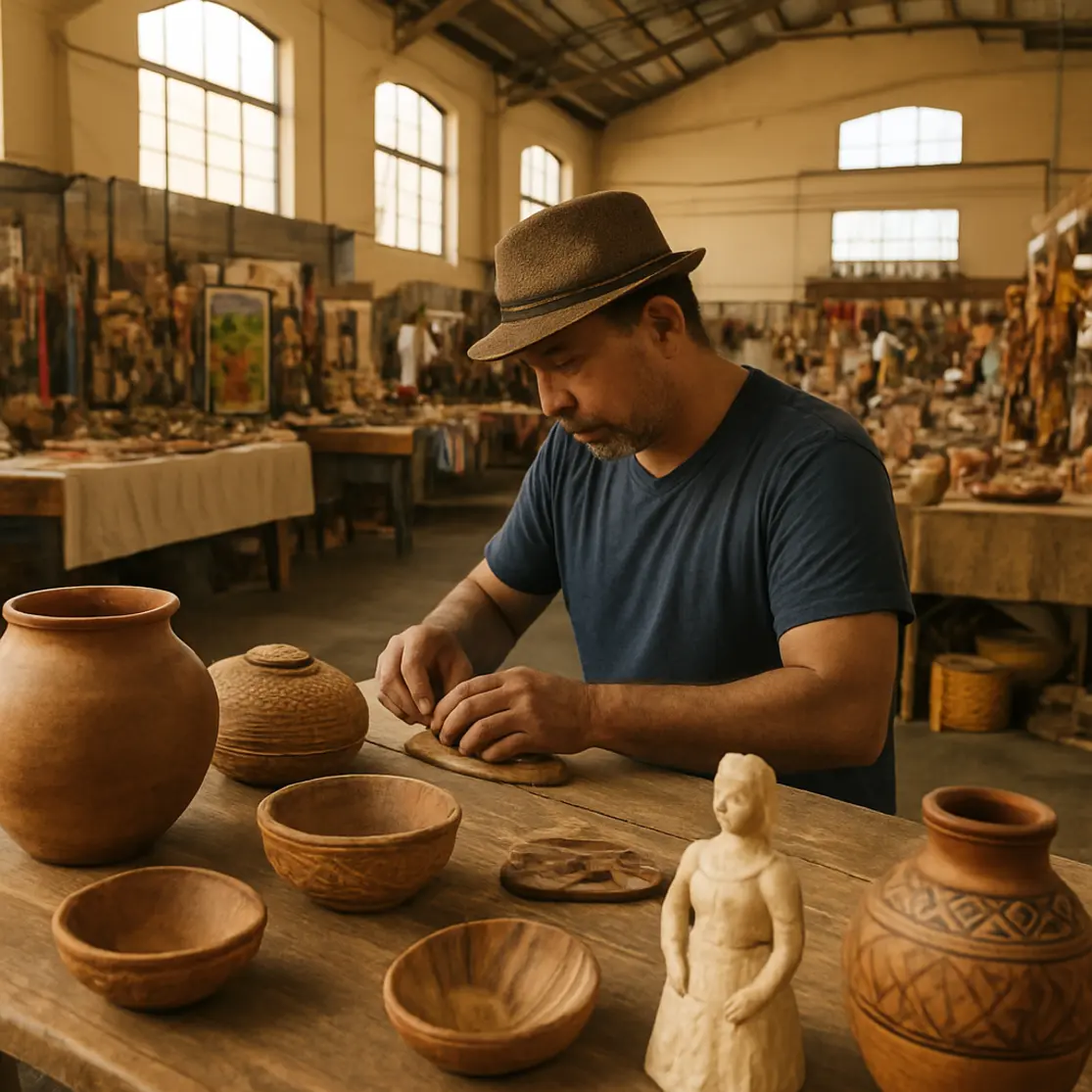 Artesão trabalhando em barraca de artesanato dentro de centro cultural de Anápolis, mãos em foco