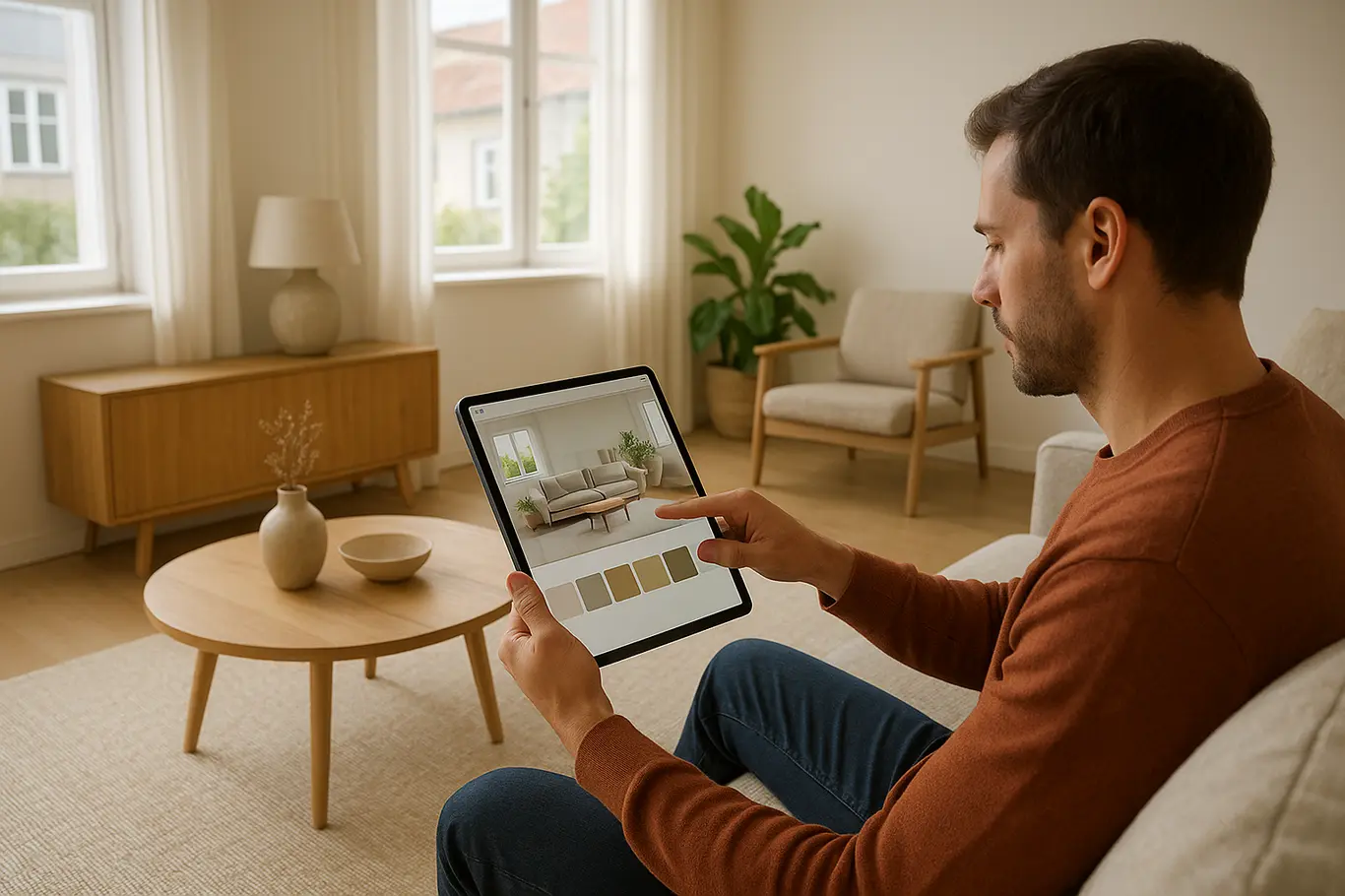 Sala de estar com pessoa em perfil usando tablet para experimentar móveis virtuais