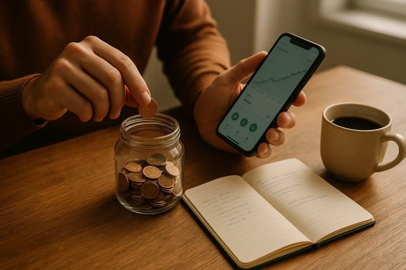 Mesa com smartphone, pote de moedas e mãos colocando uma moeda, cenário de trabalho acolhedor