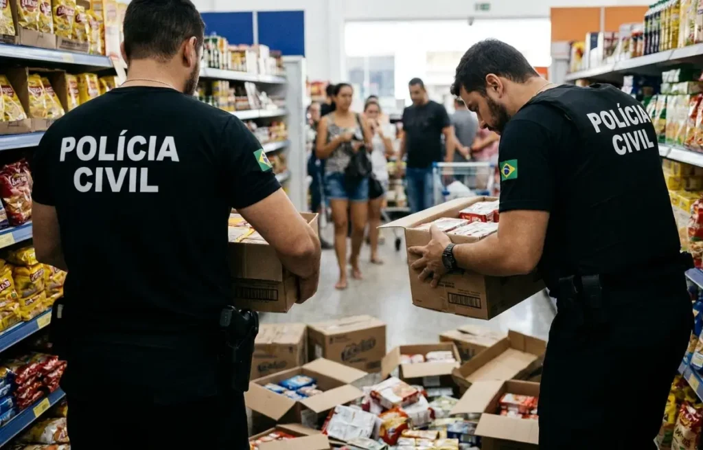 Policiais civis de costas inspecionando prateleiras e caixas de produtos apreendidos em supermercado