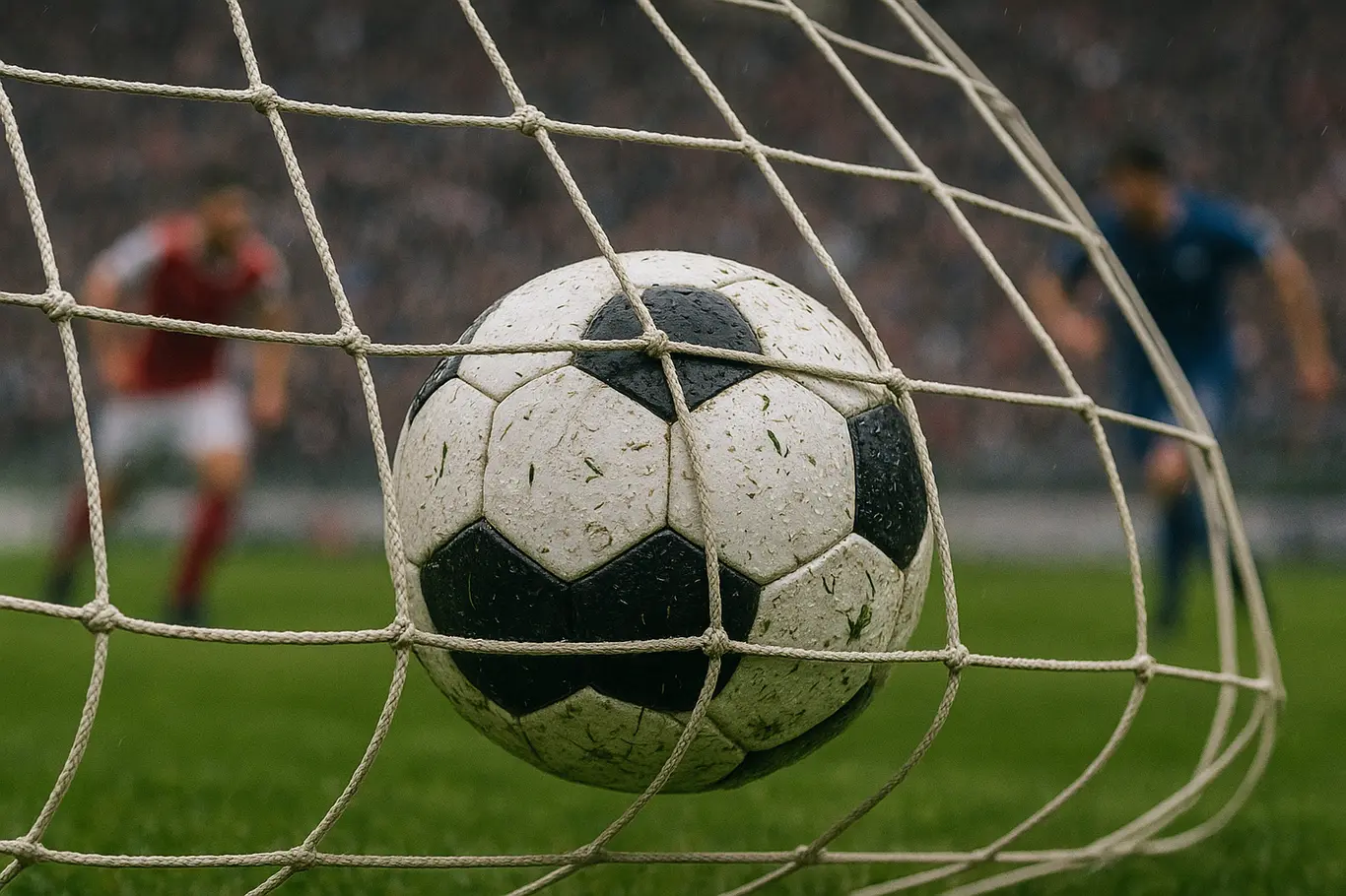 Close-up da bola presa na rede após o gol, com jogadores desfocados ao fundo