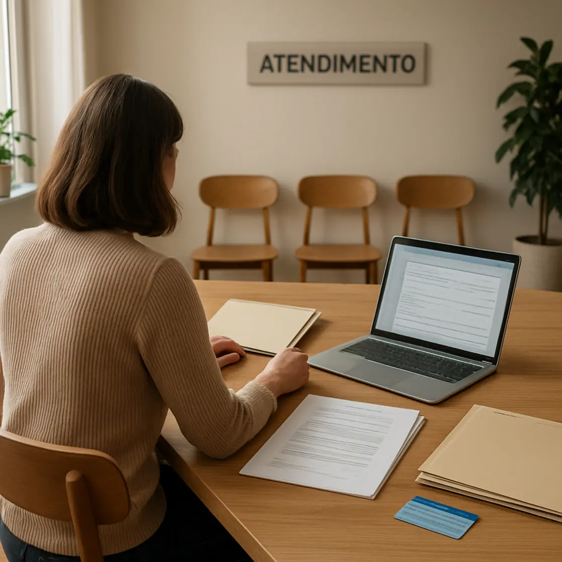 Mesa com pastas, laptop e documentos organizados