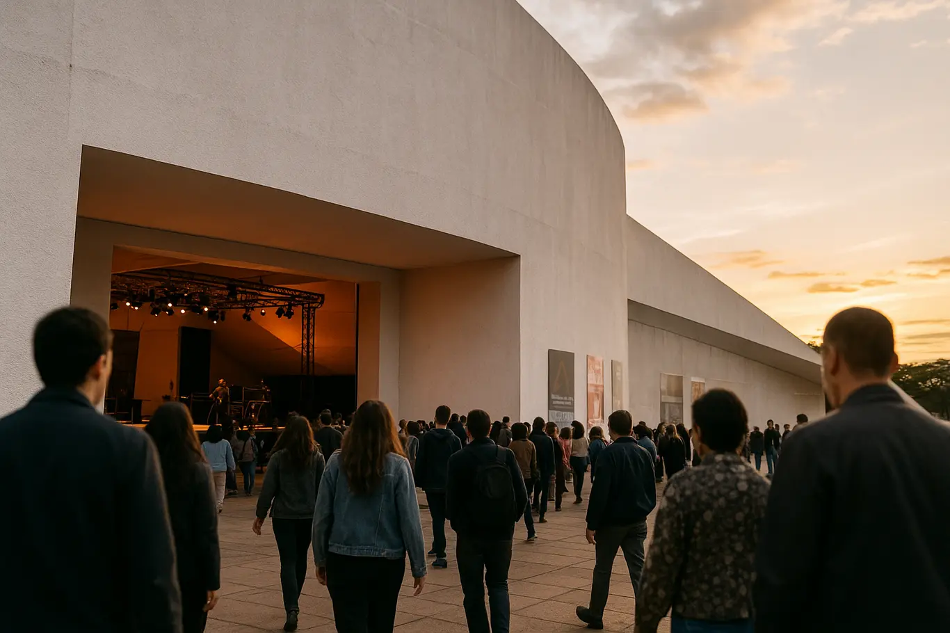 Fachada de centro cultural em Brasília ao entardecer, público em chegada com rostos não identificáveis.